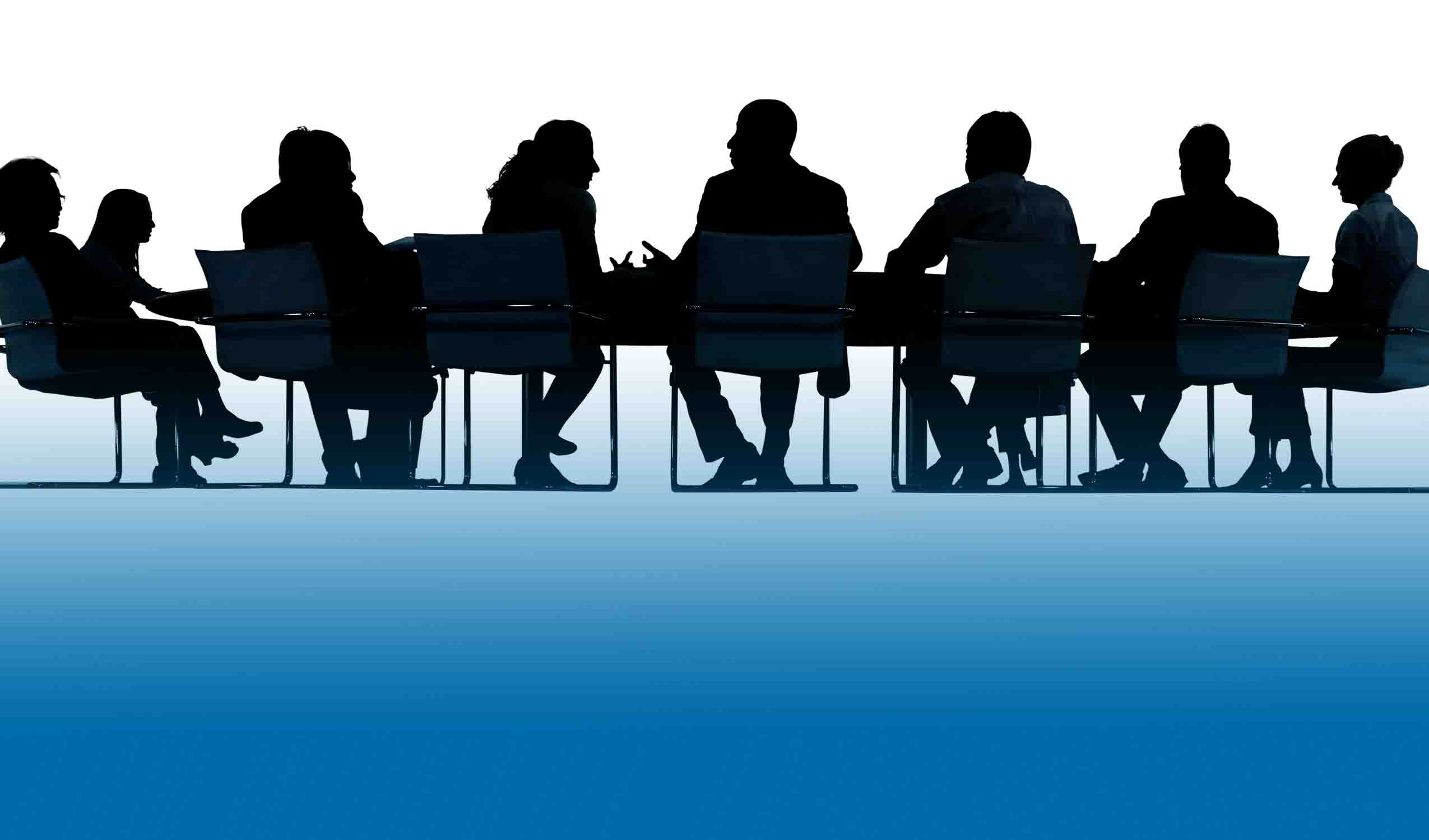 Board Advisory Committee. Black and white graphic of a group of people sitting at a tableble